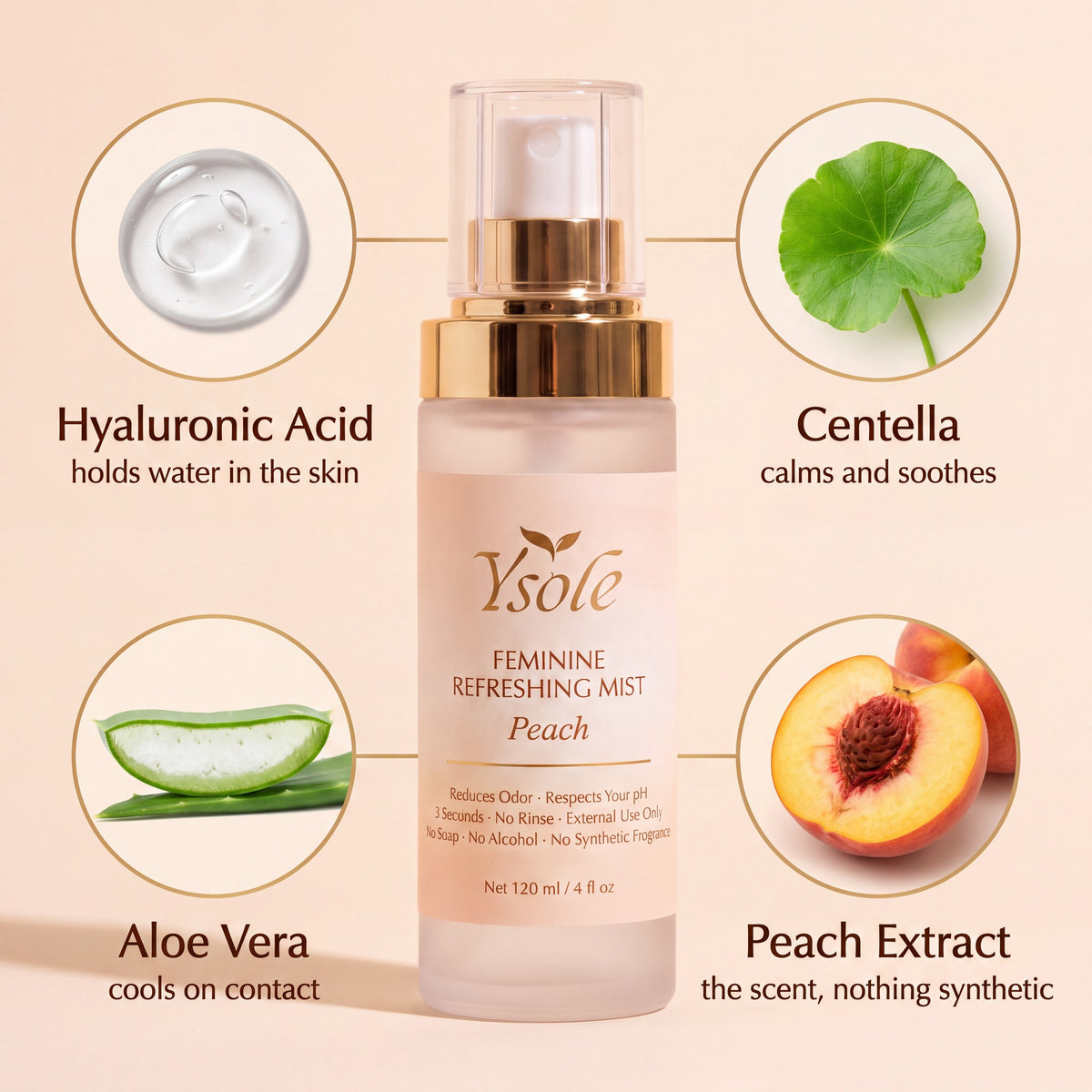 Hyaluronic acid, centella, aloe vera and peach extract — the actives inside the Ysole mist