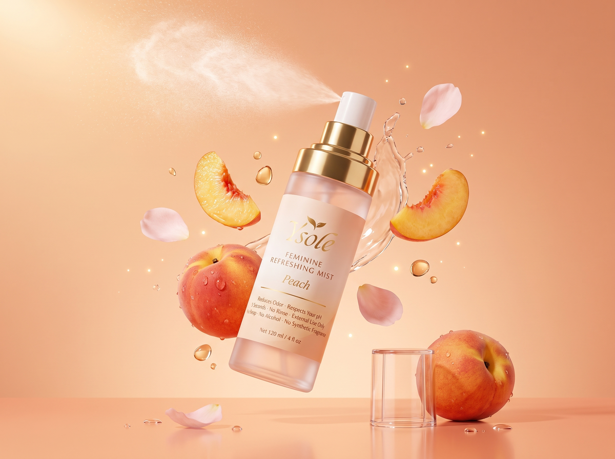 Ysole Feminine Refreshing Mist, Peach, 120 ml, spraying among fresh peaches and petals