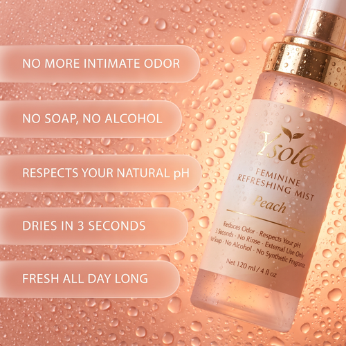 Ysole Feminine Refreshing Mist beaded with water droplets — no more intimate odor, no soap, no alcohol, respects your natural pH, dries in 3 seconds, fresh all day long