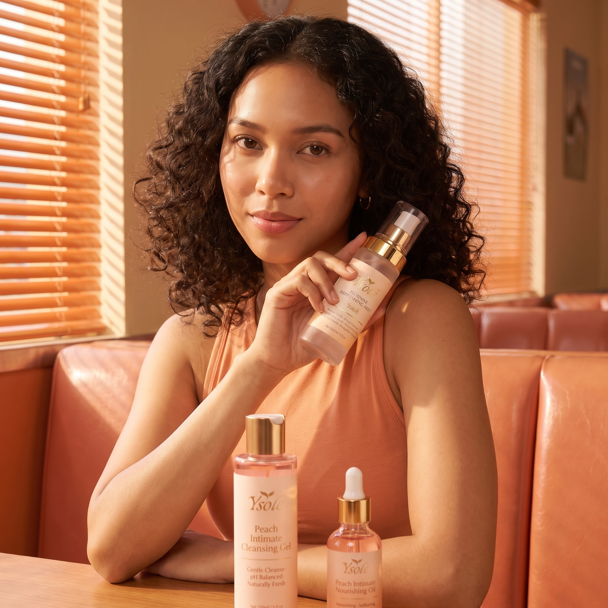 Young woman in a warm peach diner holding the Ysole mist, with the Ysole cleansing gel and nourishing oil on the table — the full ritual