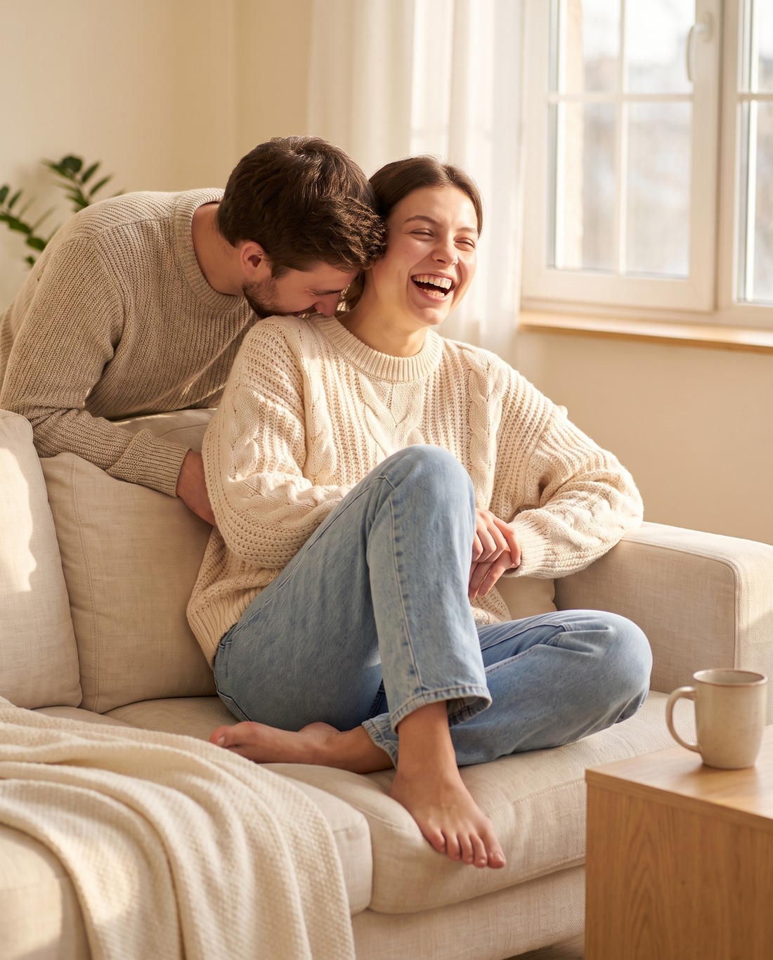 Young woman laughing on the sofa as her boyfriend leans in close