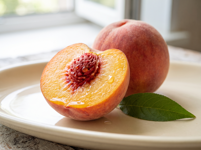 Fresh peach cut in half