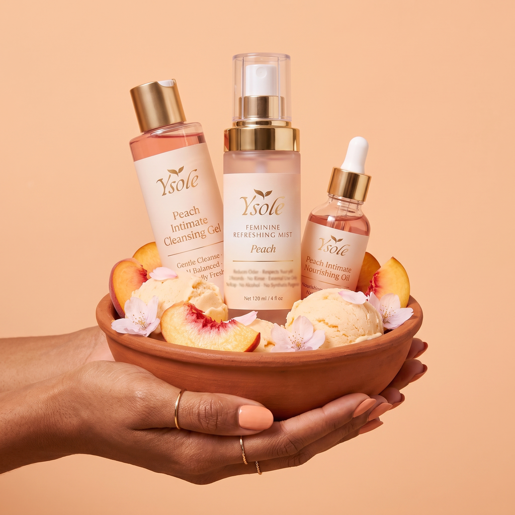 The full ritual in a terracotta bowl of peach ice cream — Ysole cleansing gel, refreshing mist and nourishing oil held in cupped hands