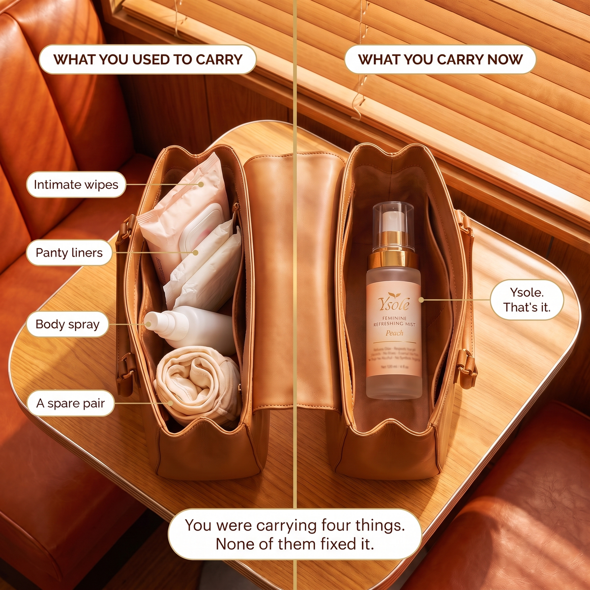 What you used to carry versus what you carry now — one Ysole mist instead of wipes, liners, body spray and a spare pair